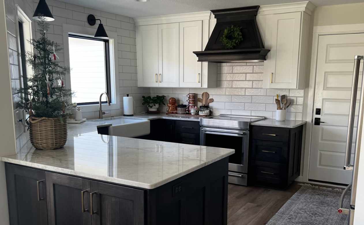 white subway tile in modern farmhouse kitchen with dark wood accents