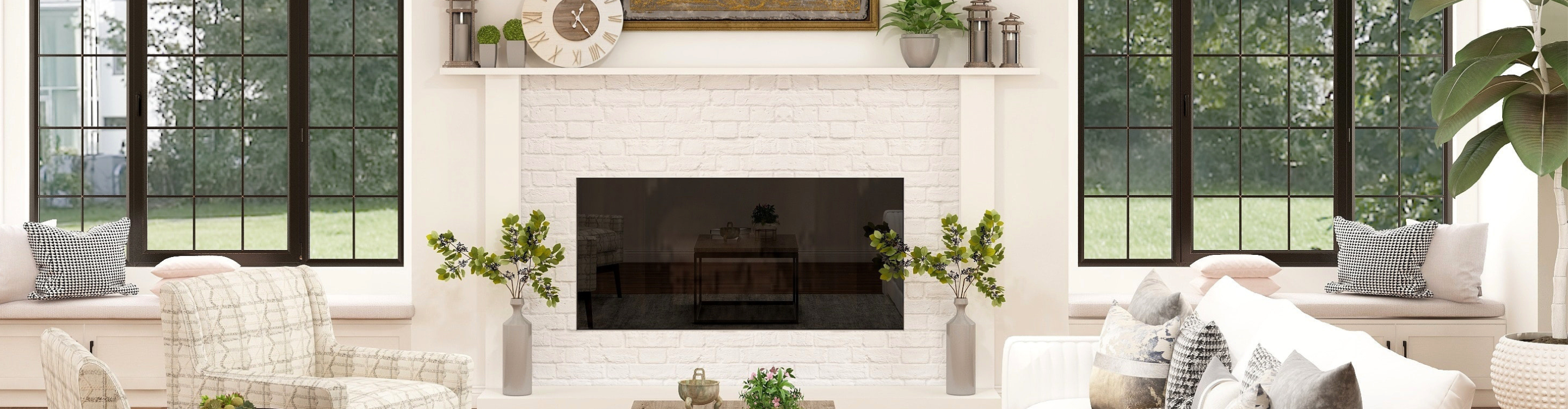 painted brick fireplace in living area with white cream furniture and hardwood flooring